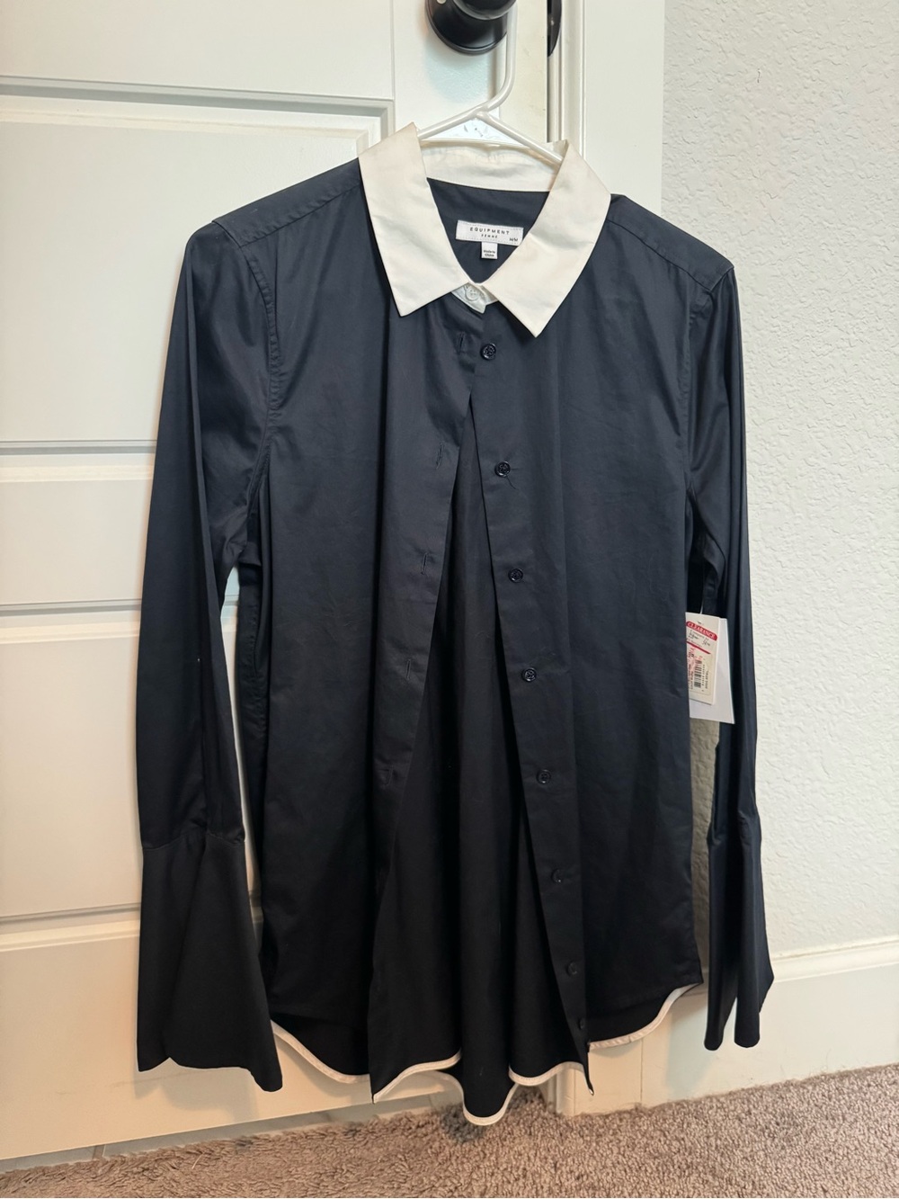 Equipment Black Button-Down Blouse with White Contrast Collar